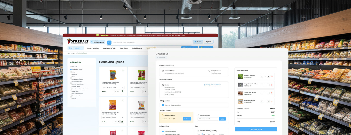 SpiceKart product listing and checkout interfaces over a grocery store aisle
