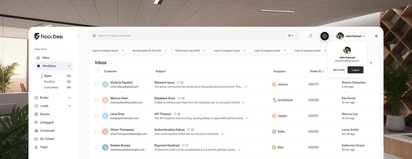 FlockDesk inbox dashboard in a modern office