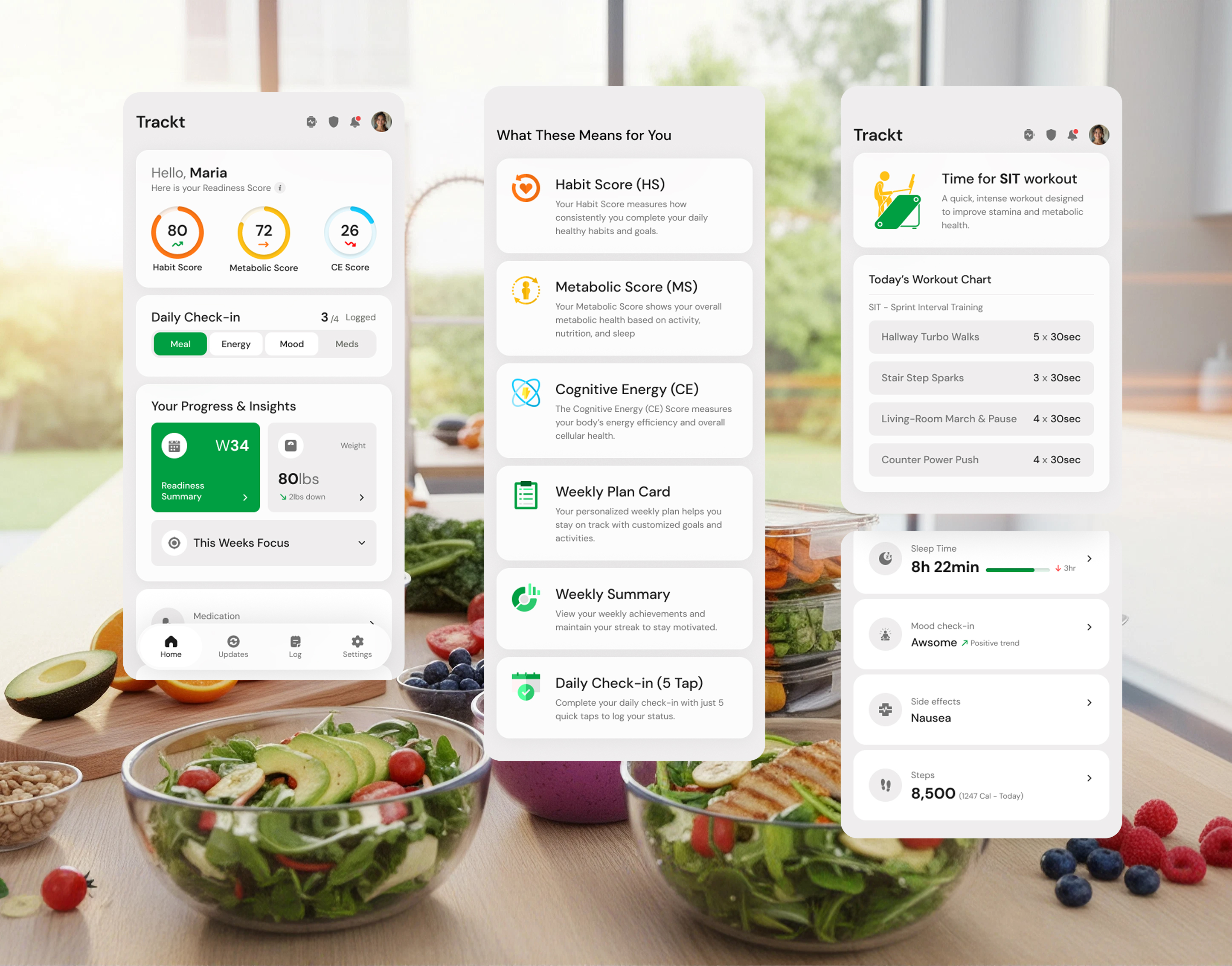 Trackt mobile app screens showing dashboard, insights, and activity tracking