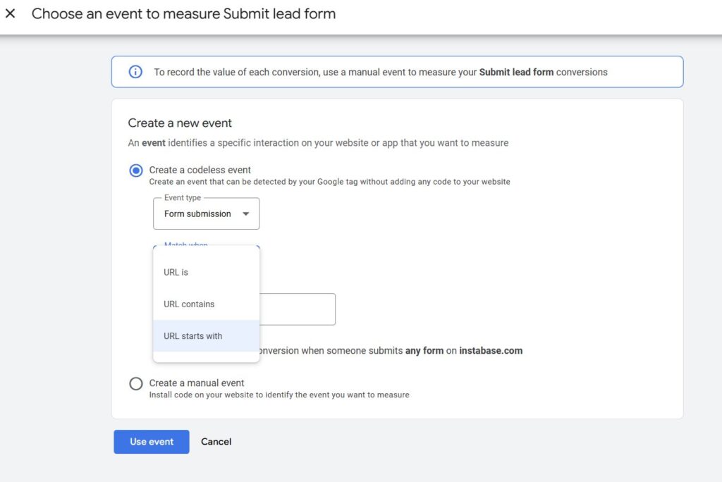 Screenshot of a Google Analytics interface showing the setup to track form submission events. The option selected is to create a codeless event for "Form Submission" with URL matching options displayed.