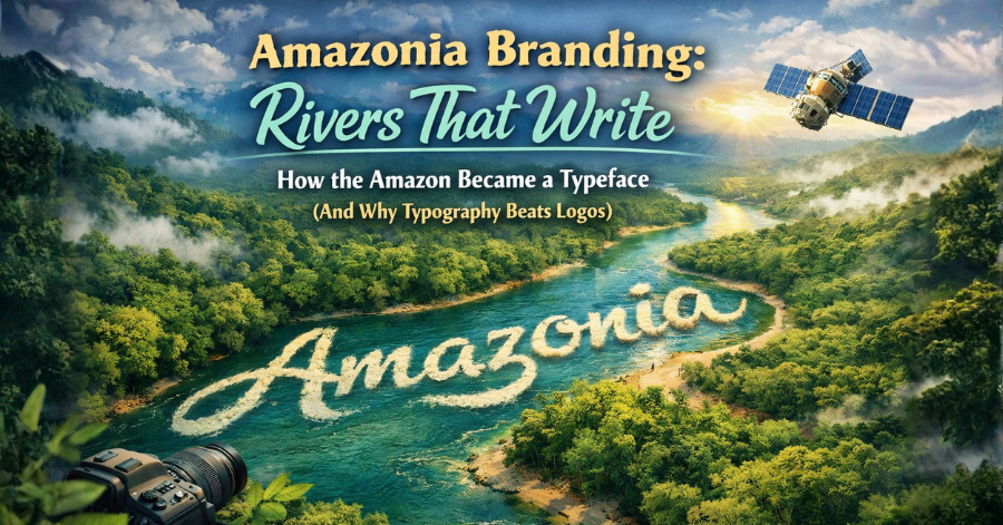 Amazon River forming the word "Amazonia" through aerial view, illustrating Amazonia branding and typography inspired by nature